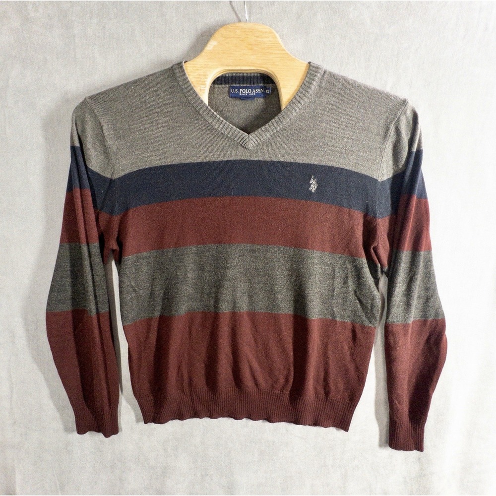 U.S. Polo Association Mens XL Acrylic V-Neck Sweater Long Sleeve Red Blue Gray